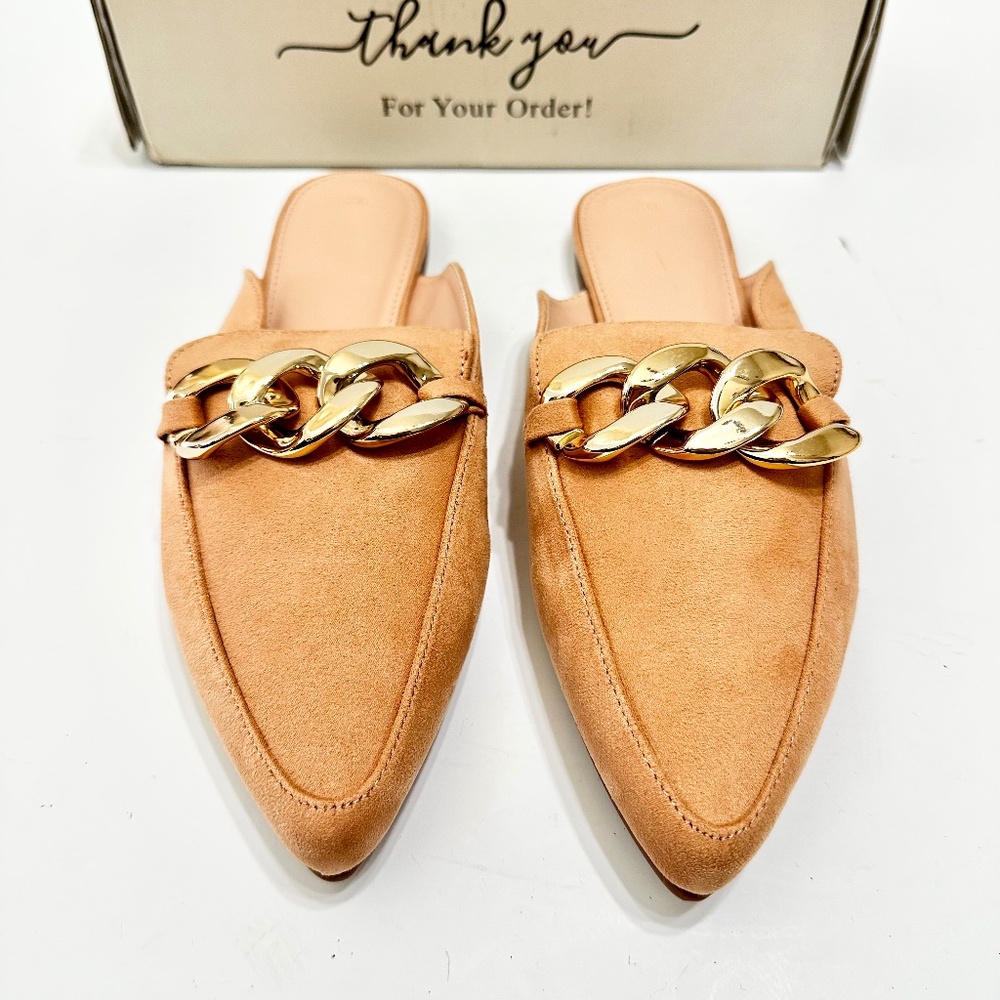 Juliet Holy Women Mules Flats 8.5 Light Brown Pointed Toe Slip On Loafers New